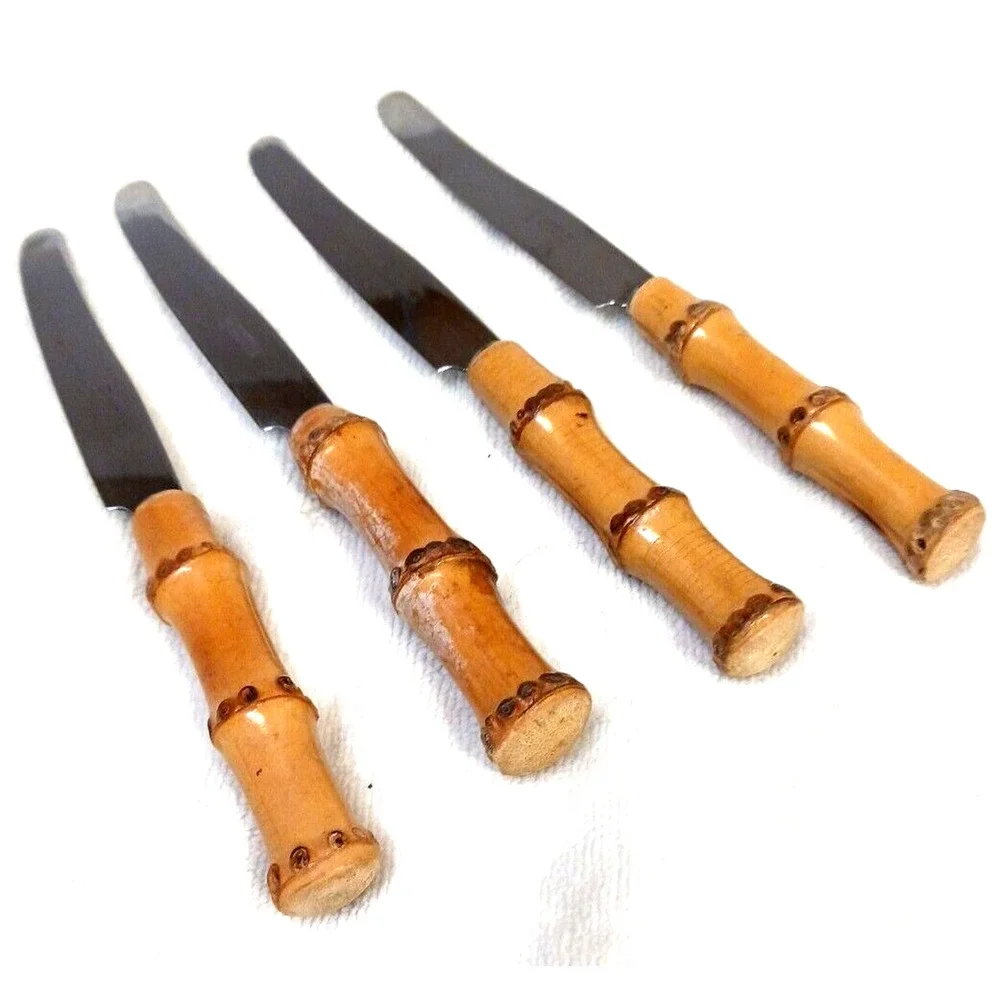 1970's 4 Set Rostfrei Solingen Butter Knives BAMBOO Handle Fruit Rare German VNT